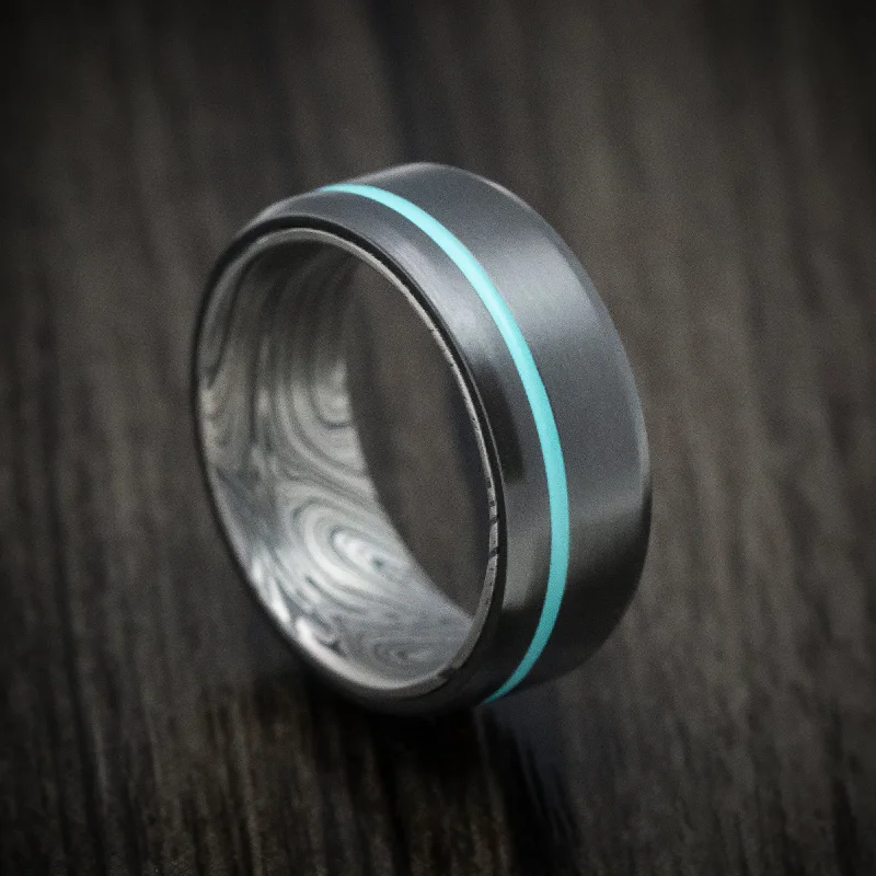 Porcelain band ring-Black Zirconium and Marble Kuro Damascus Men's Ring with Cerakote Inlay Custom Made