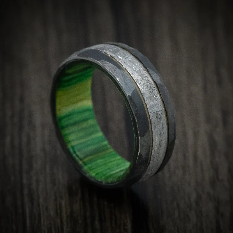 Crystal bead ring-Black Zirconium and Meteorite Men's Ring with Cerakote Accent and Wood Sleeve