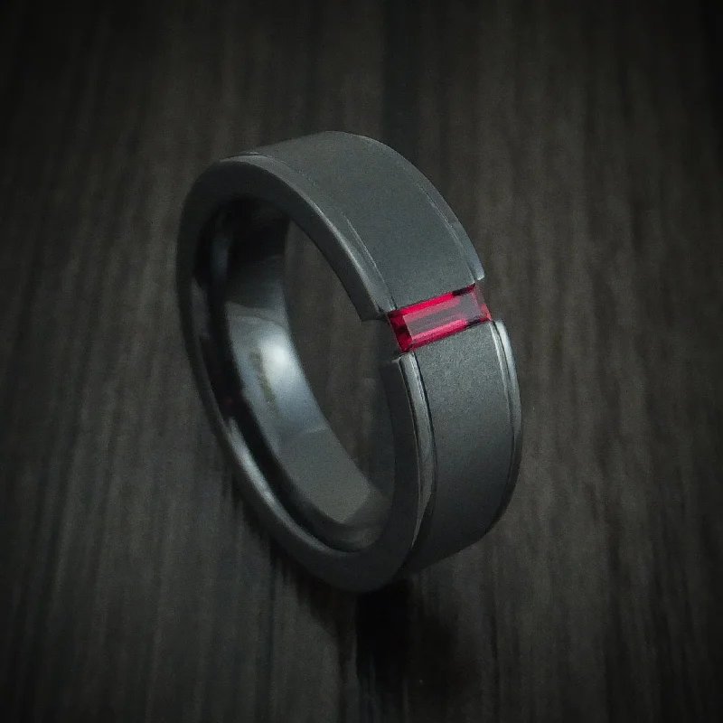 Thyme leaf ring-Black Zirconium and Ruby Men's Ring Custom Made Wedding Band