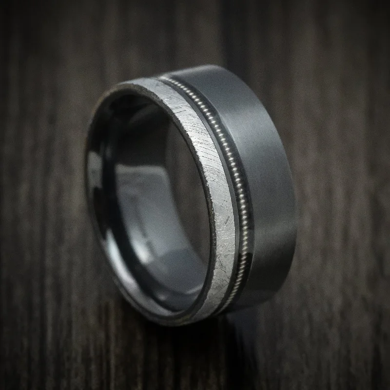 Prairie style ring-Black Zirconium Guitar String Men's Ring with Gibeon Meteorite Inlay Custom Made Band