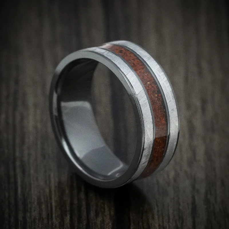 Layered cut ring-Black Zirconium Meteorite and Dinosaur Bone Inlays Men's Ring Custom Made