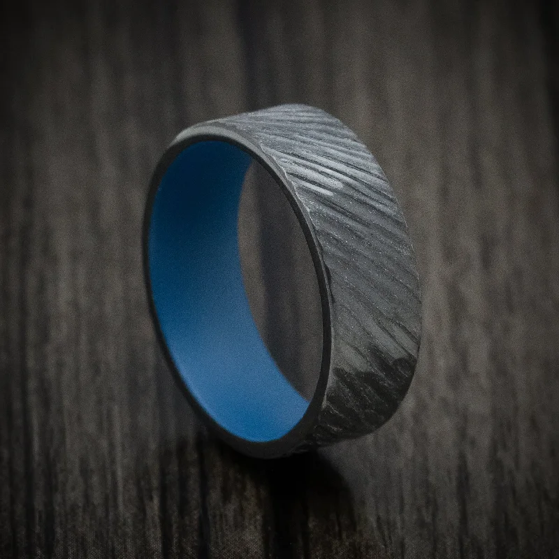 Chipped bark ring-Black Zirconium Men's Ring with Angled Treebark Finish and Cerakote Sleeve