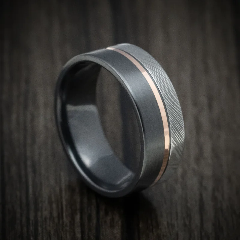 Tin toned ring-Black Zirconium Men's Ring with Damascus Steel and 14K Gold Inlay Custom Made Band