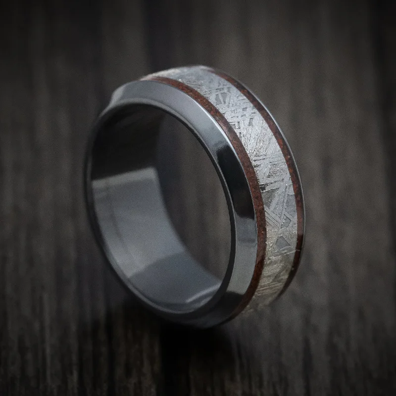 Subtle color ring-Black Zirconium Men's Ring with Dinosaur Bone and Meteorite Inlays Custom Made Band