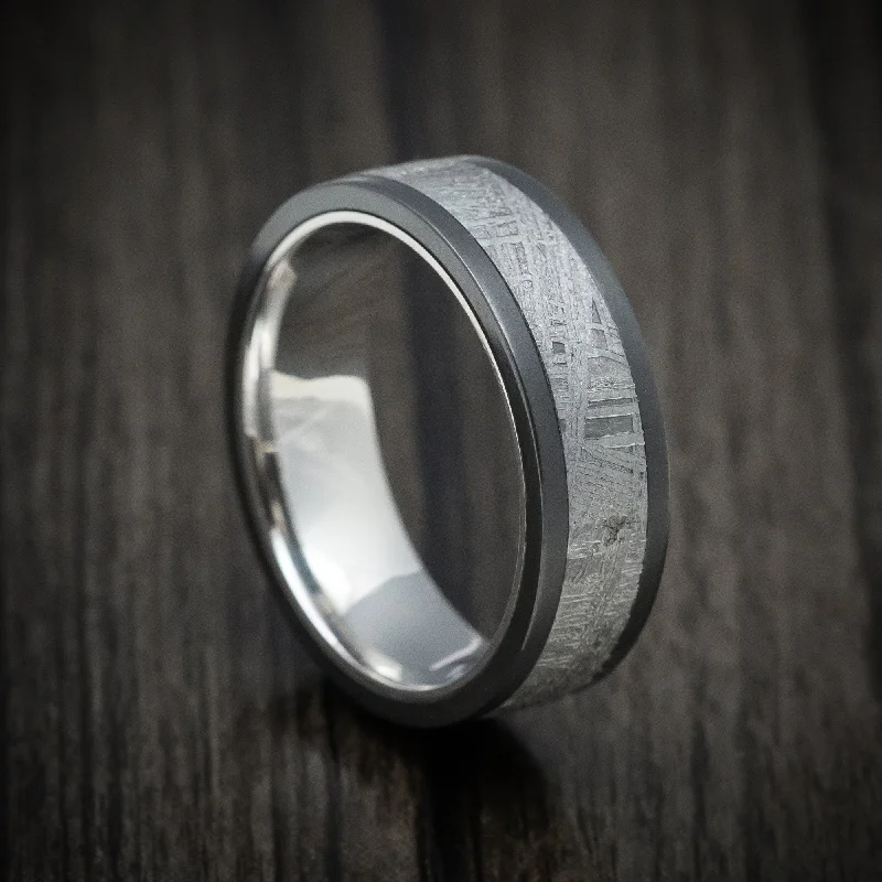 Puzzle code ring-Black Zirconium Men's Ring with Meteorite Inlay and Cobalt Chrome Sleeve