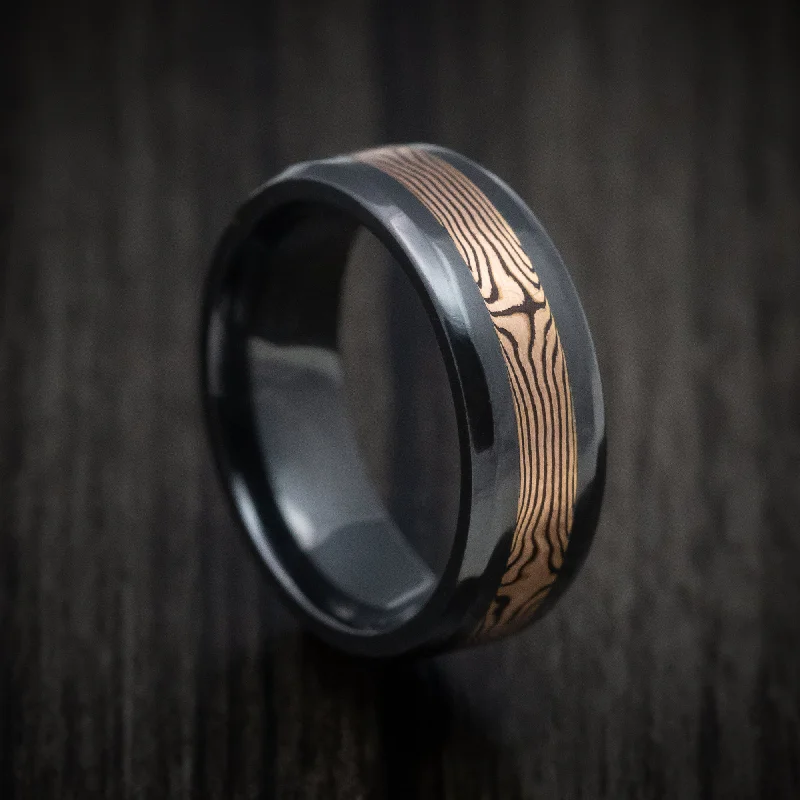 Slotted design ring-Black Zirconium Men's Ring with Mokume Gane Inlay Custom Made Band