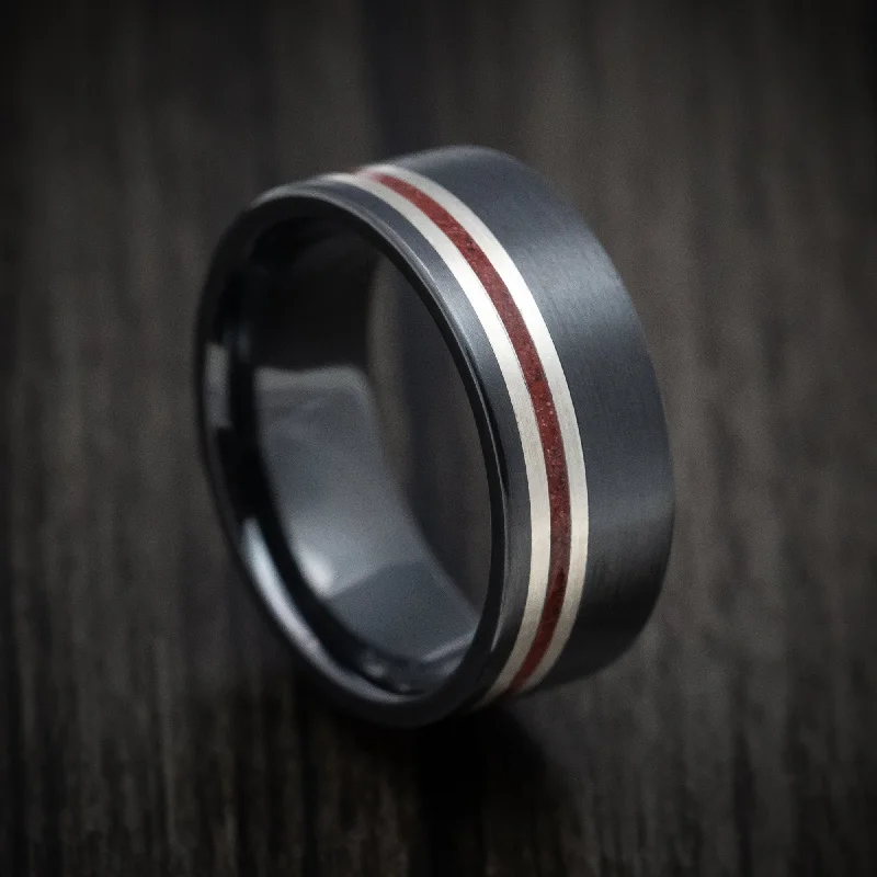 Fractured gem ring-Black Zirconium Men's Ring with Silver and Coral Inlays Custom Made Band