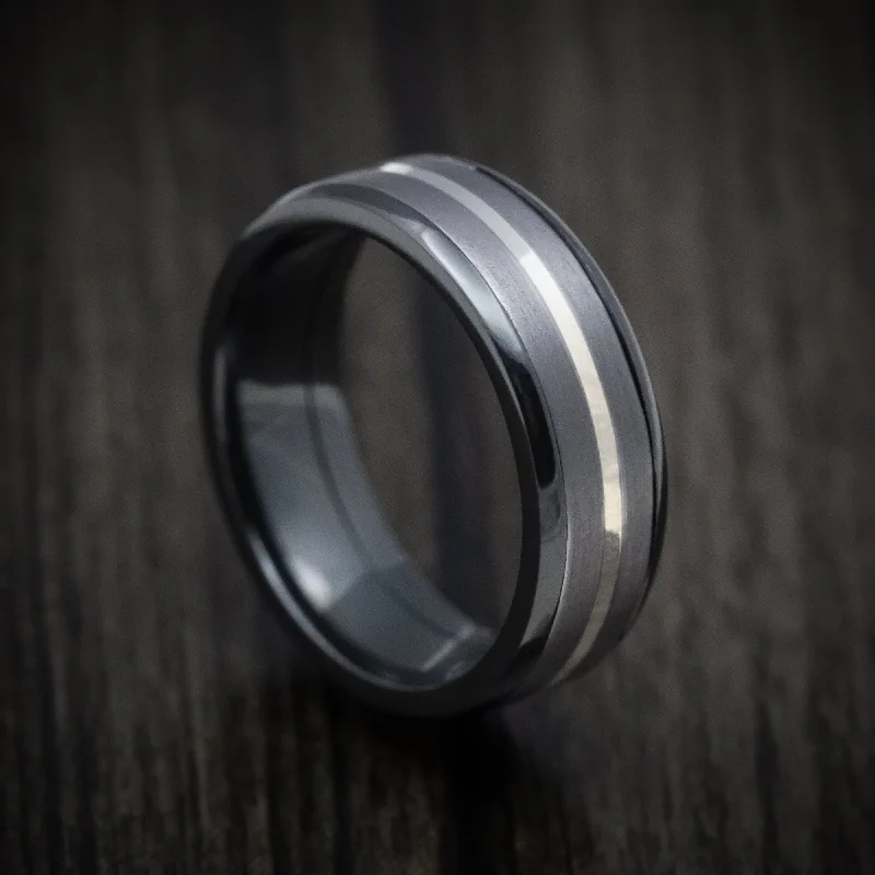 Coiled effect ring-Black Zirconium Men's Ring with Tantalum and Silver Inlays Custom Made Band