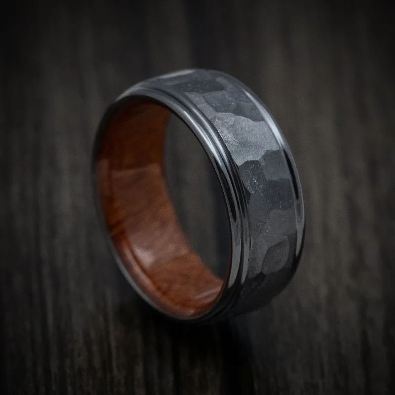 Lattice texture ring-Black Zirconium Rock Finish Band with Wood Sleeve Custom Made Men's Ring