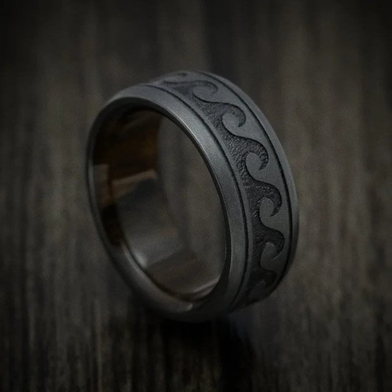 Natural finish ring-Black Zirconium Wave Men's Ring with Wood Sleeve Custom Made Band