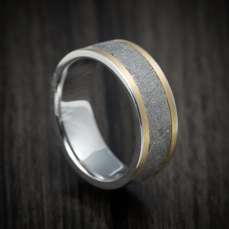 Canvas wrap ring-Cobalt Chrome Men's Ring with 14K Gold and Meteorite Inlays Custom Made Band