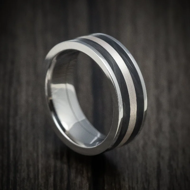 Grid weave ring-Cobalt Chrome Men's Ring with Forged Carbon Fiber and Silver Inlays Custom Made Band