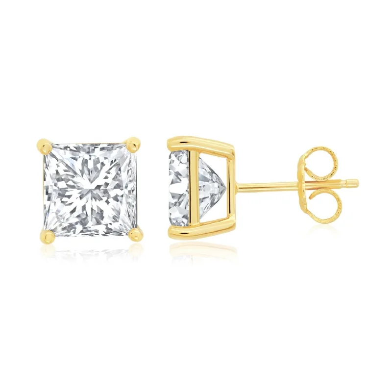 Lattice texture earrings-Crislu 18KT Yellow Gold Plated Sterling Silver Princess Cut Cubic Zirconia Stud Earrings