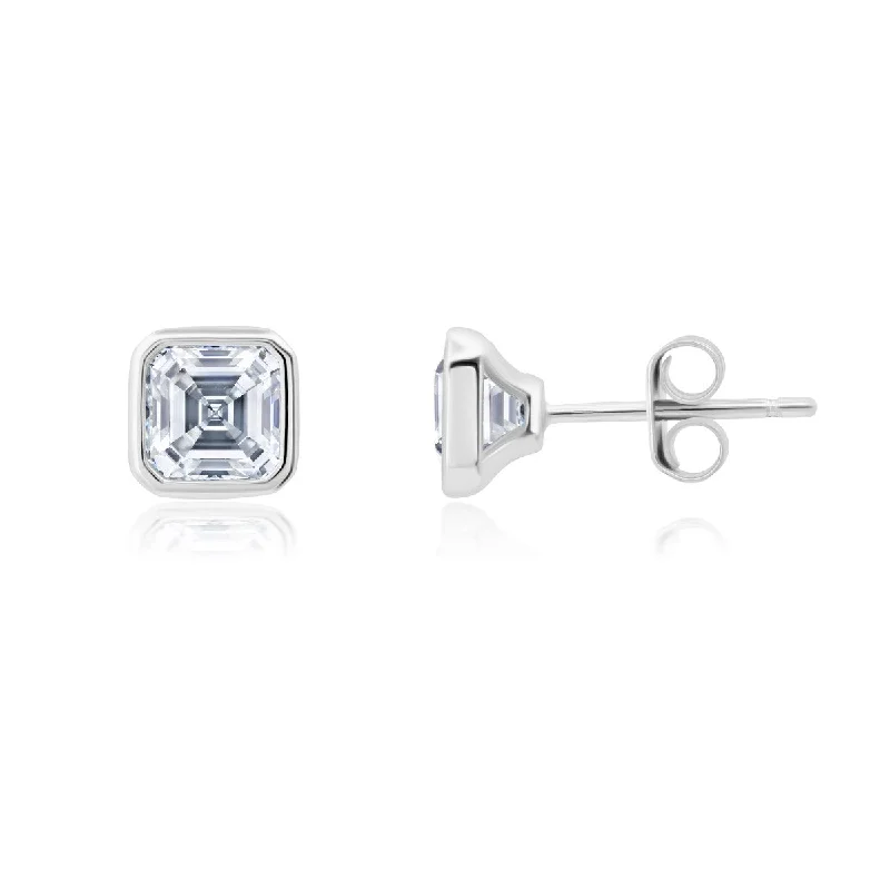 Minoan gold earrings-Crislu Platinum Plated Sterling Silver Asscher Cubic Zirconia Solitaire Stud Earrings