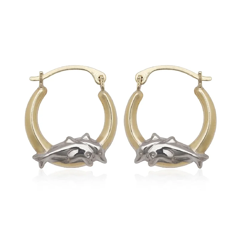 Tandem gem earrings-Curata 10k Two-tone Gold 15mm Swimming Dolphin Hoop Earrings