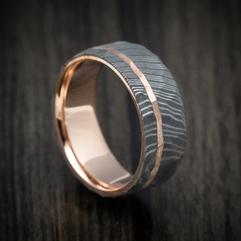 Kelp frond ring-Damascus Steel 14K Gold Sleeve and Inlay Men's Ring with Rock Hammer Finish