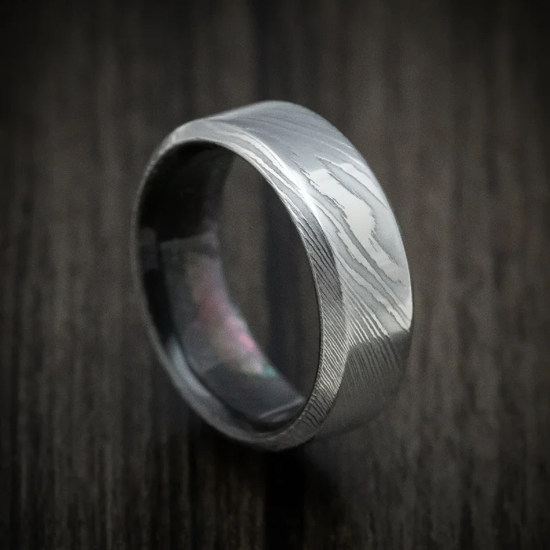 Prairie style ring-Damascus Steel and Black Mother of Pearl Men's Ring Custom Made Band