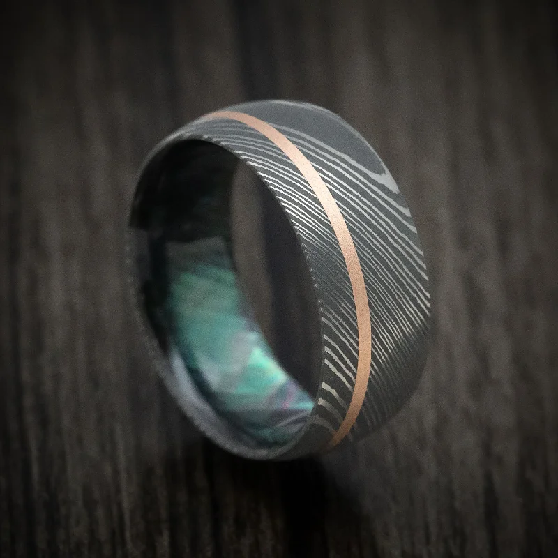 Textured rib ring-Damascus Steel and Black Mother of Pearl Men's Ring with 14K Gold Inlay