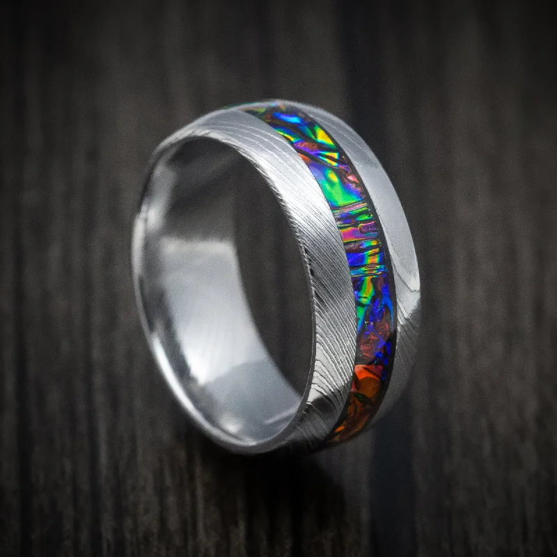 Recycled object ring-Damascus Steel and Dichrolam Inlay Men's Ring Custom Made Band