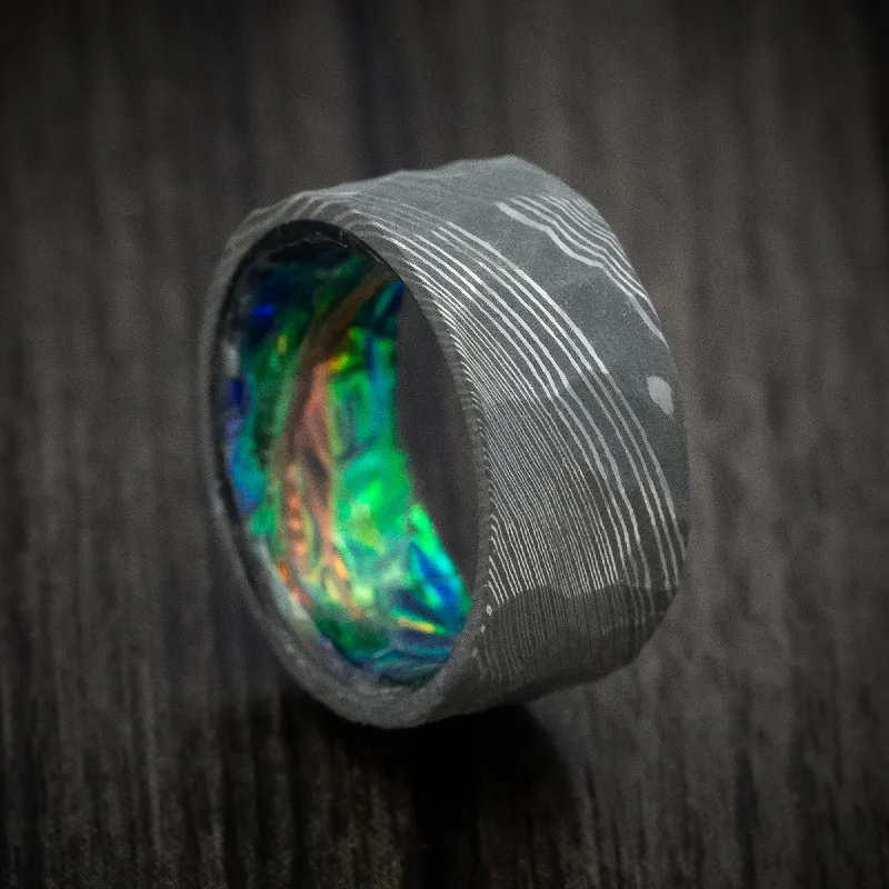 Ocean ripple ring-Damascus Steel and Dichrolam Sleeve Men's Ring Custom Made Band