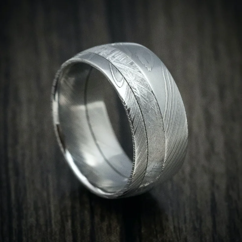 Subtle color ring-Damascus Steel and Gibeon Meteorite Inlay Custom Made Men's Band