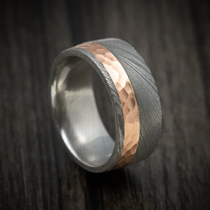 Cedar nut ring-Damascus Steel Men's Ring And 14k Gold Wedding Band Genuine Craftsmanship Custom Made