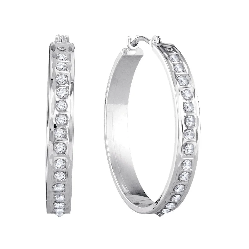 Ripple stripe earrings-Diamond Fascination 14KT White Gold 25MM Diamond Accent Hoop Earrings