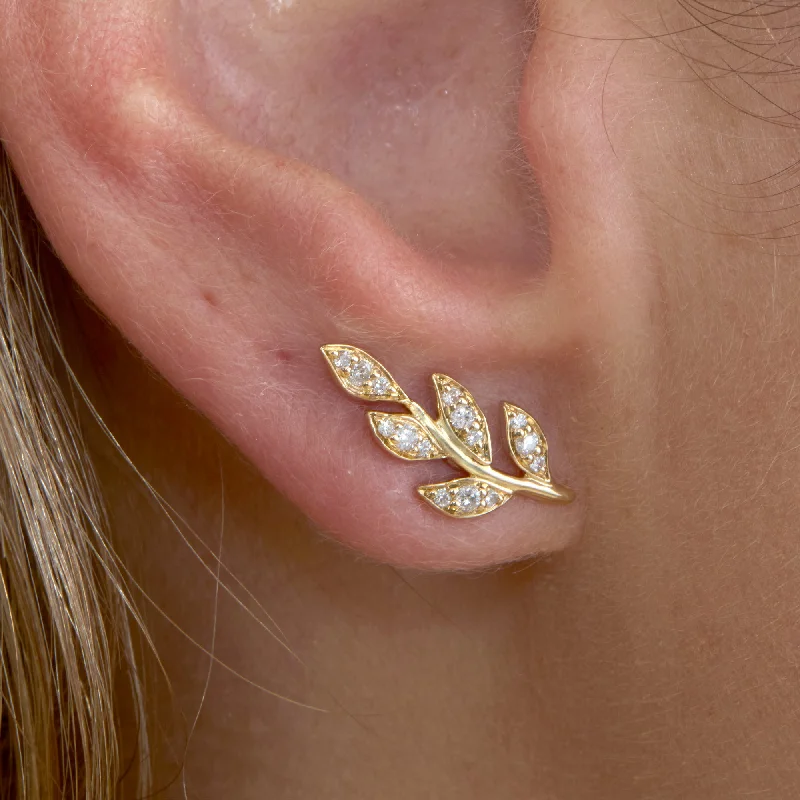 Raised bezel earrings-Diamond Leaf Ear Climber, Laurel