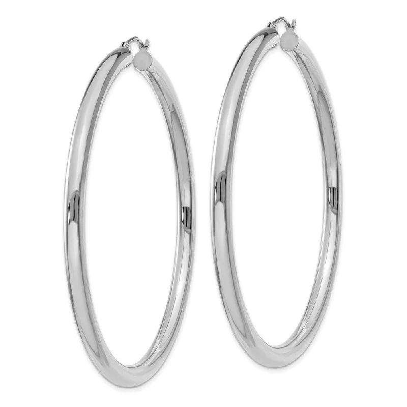 Kelp frond earrings-Diamond2Deal 14K White Gold Lightweight Round Hoop Earrings (L-65 mm, W-4 mm)