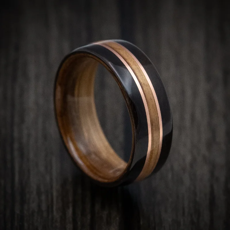 Border stone ring-Ebony Wood ring with Whiskey Barrel Wood Inlay/Sleeve and Double Copper Inlays