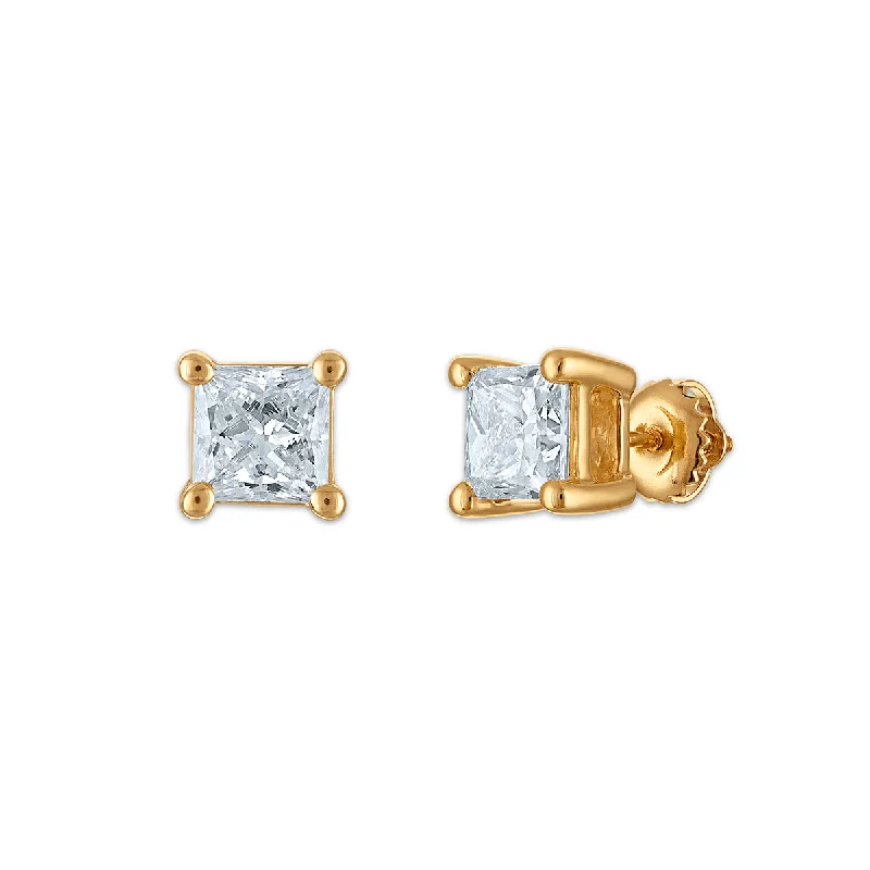 Brass cast earrings-EcoLove 2 CTW Princess Cut Lab Grown Diamond Stud Earrings in 10KT Yellow Gold