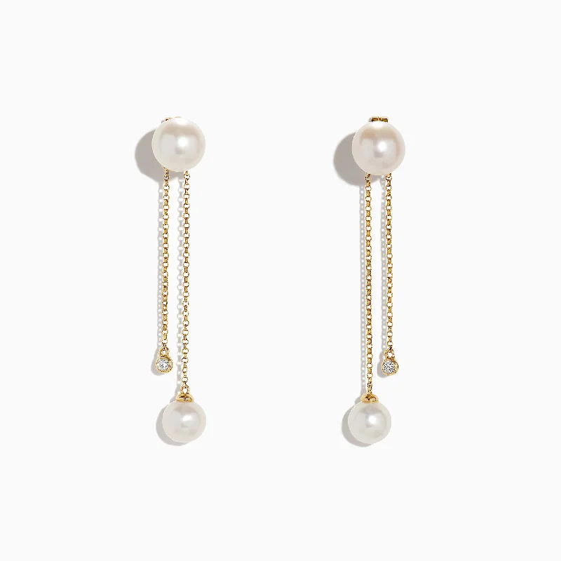 Textured rib earrings-14K Yellow Gold Diamond and Fresh Water Pearl Drop Earrings, 0.05 TCW