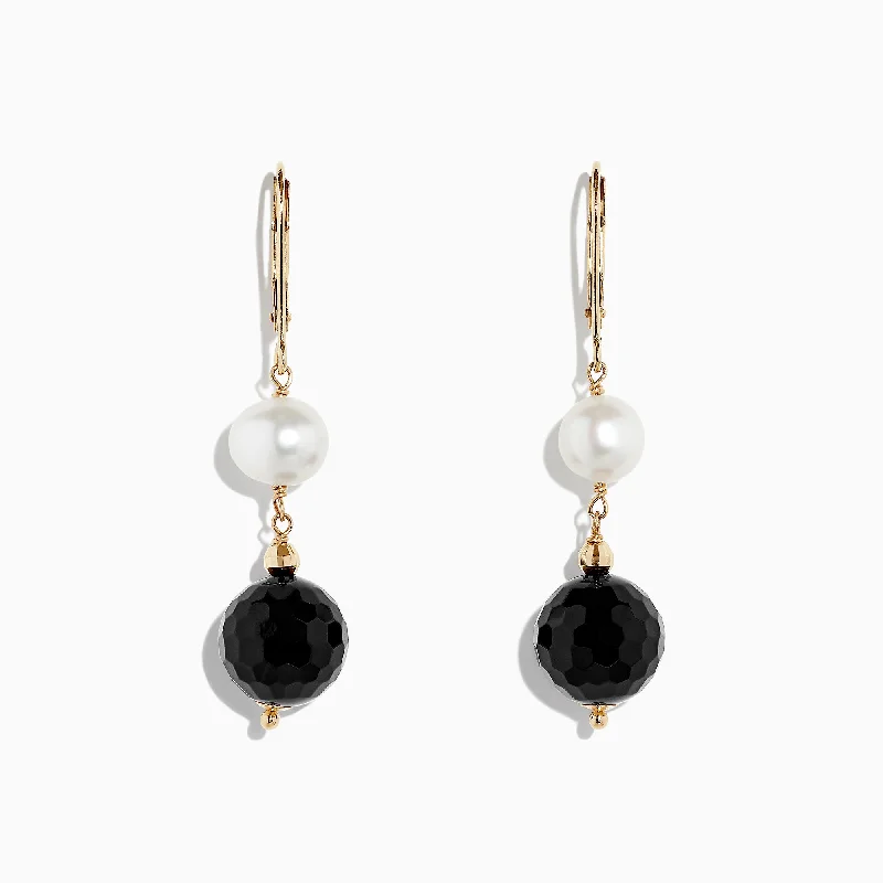 Ogham script earrings-14K Yellow Gold Onyx and Cultured Fresh Water Pearl Drop Earrings, 14.50 TCW