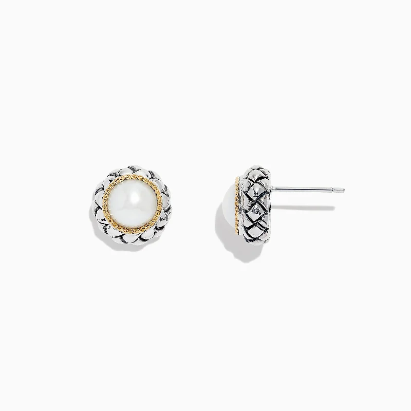 Prairie grass earrings-925 Sterling Silver & 18K Yellow Gold Cultured Fresh Water Pearl Stud Earrings