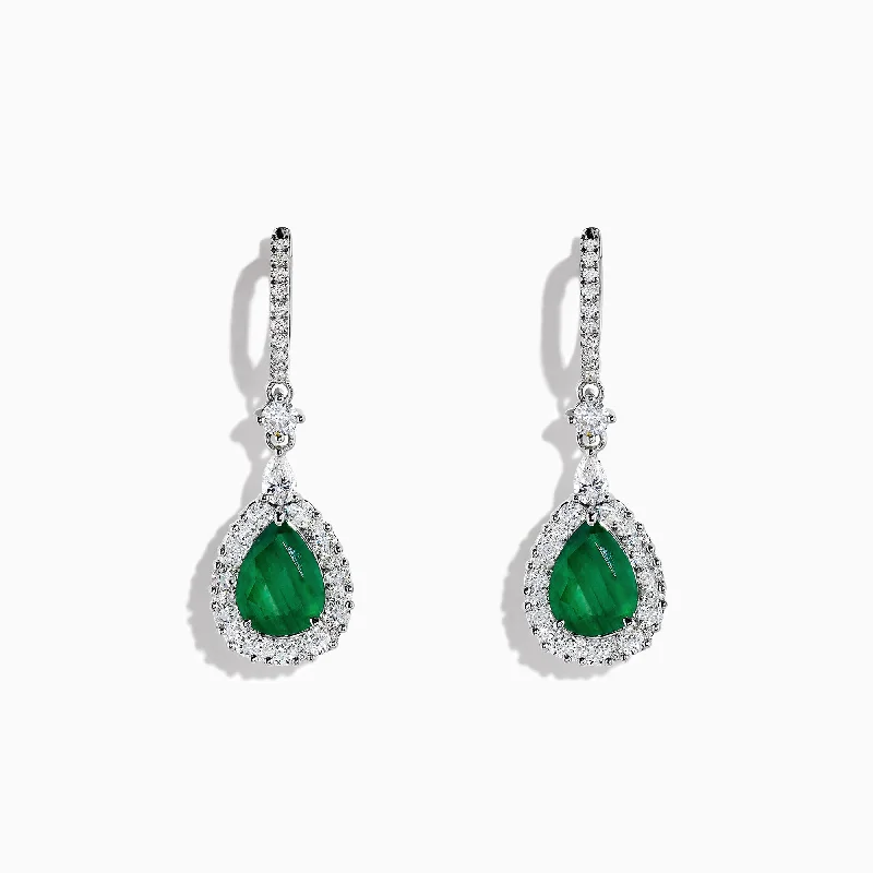 Vintage style earrings-Brasilica 14K White Gold Emerald and Diamond Drop Earrings, 4.04 TCW