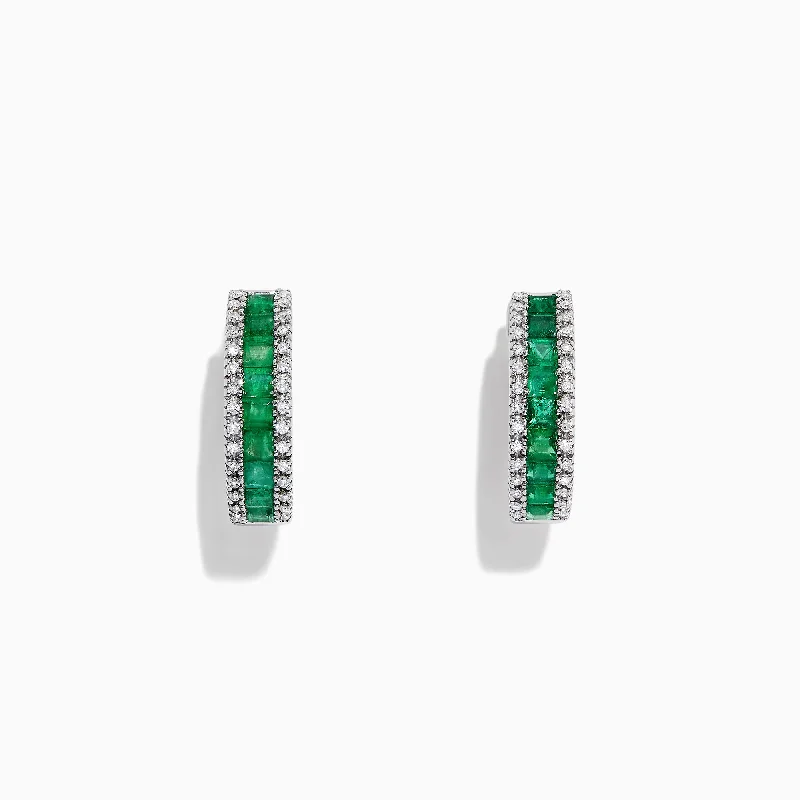 Rugged drop earrings-Brasilica 14K White Gold Emerald and Diamond Hoop Earrings, 2.04 TCW