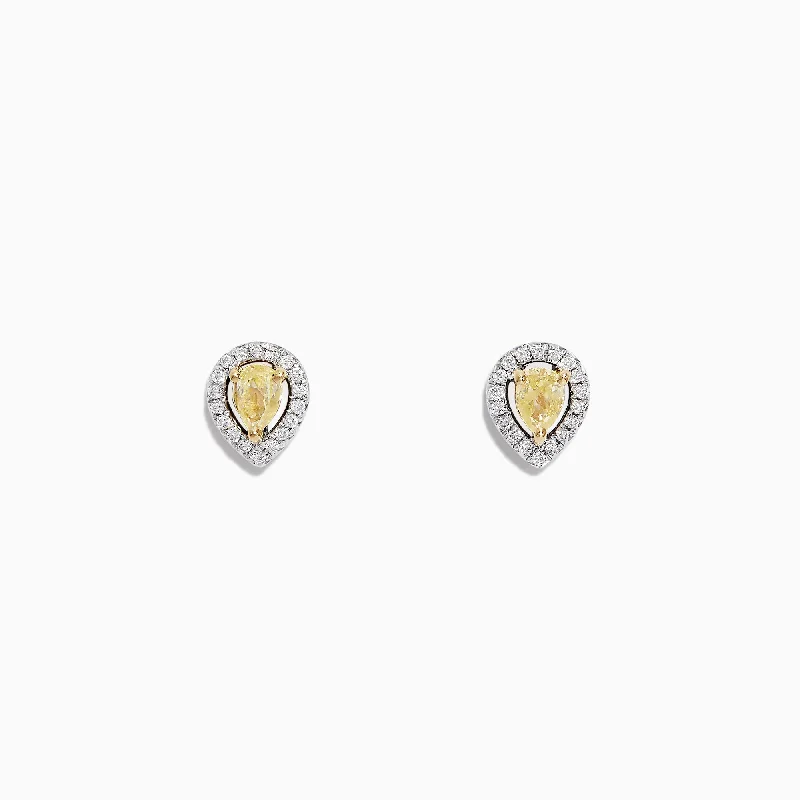 Rattan hoop earrings-Canare 18K Two Tone Gold Pear Halo Yellow Diamond Stud Earrings, 0.36 TCW