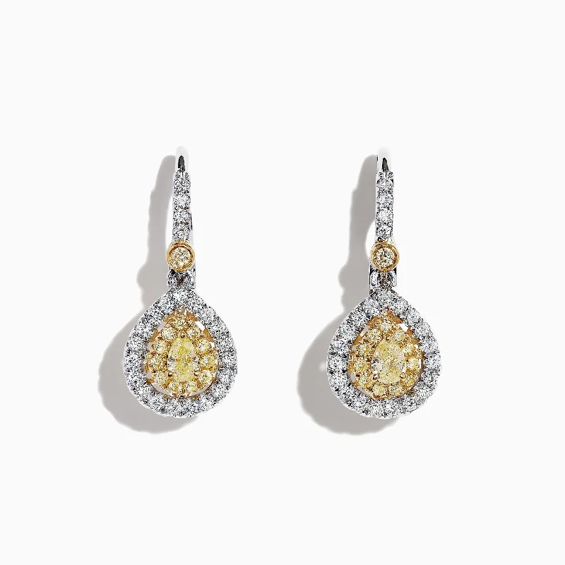 Prairie style earrings-Canare 18K Two-Tone Gold Double Halo Pear Shaped Yellow Diamond Earrings, 0.99 TCW