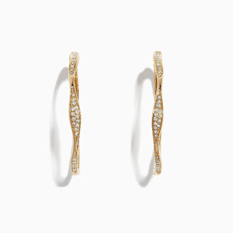 Natural finish earrings-D'Oro 14K Yellow Gold 1 1/4" Diamond Wave Hoop Earrings, 0.25 TCW