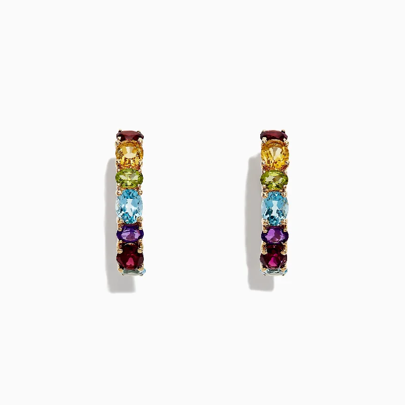 Grooved edge earrings-Mosaic 14K Yellow Gold Multi Gemstone Hoop Earrings, 4.05 TCW