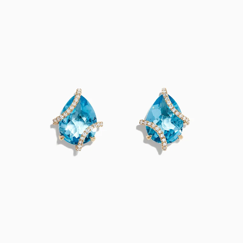 Scored drop earrings-Ocean Bleu 14K Yellow Gold Blue Topaz and Diamond Earrings, 9.70 TCW