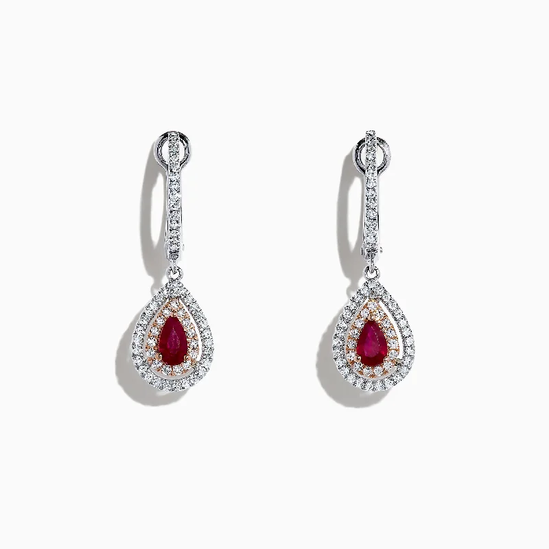 Denim weave earrings-Ruby Royale 14K Two Tone Gold Pear Shaped Ruby Drop Earrings, 0.87 TCW