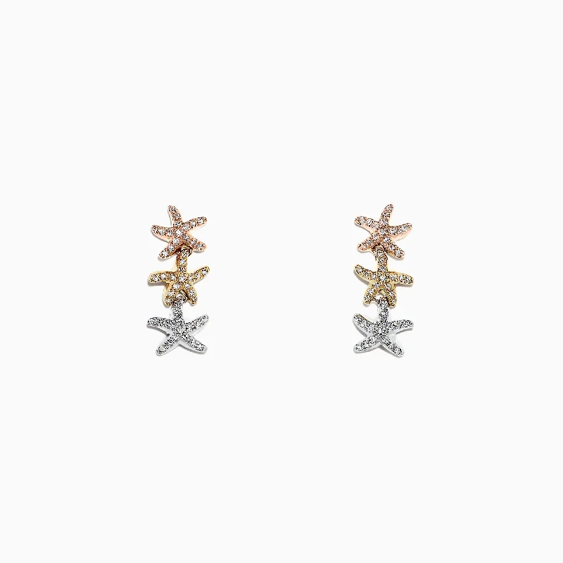 Nordic braid earrings-Seaside 14K Tri Color Gold Diamond Starfish Earrings, 0.33 TCW