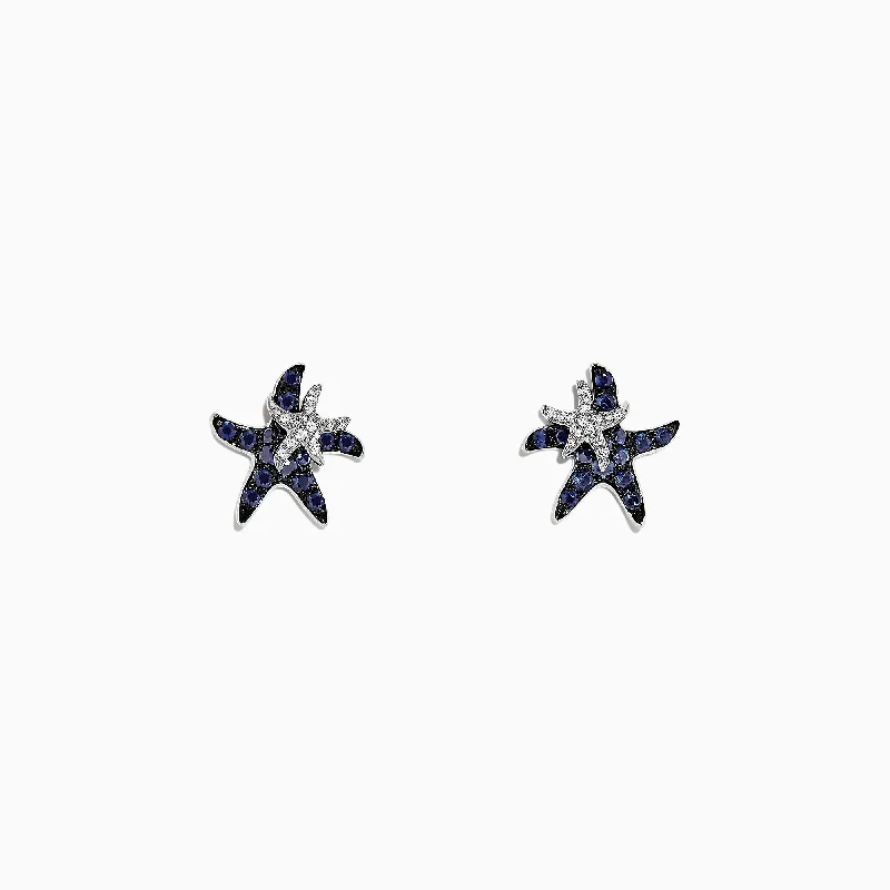 Lattice texture earrings-Seaside 14K White Gold Sapphire & Diamond Starfish Stud Earrings, 0.71 TCW