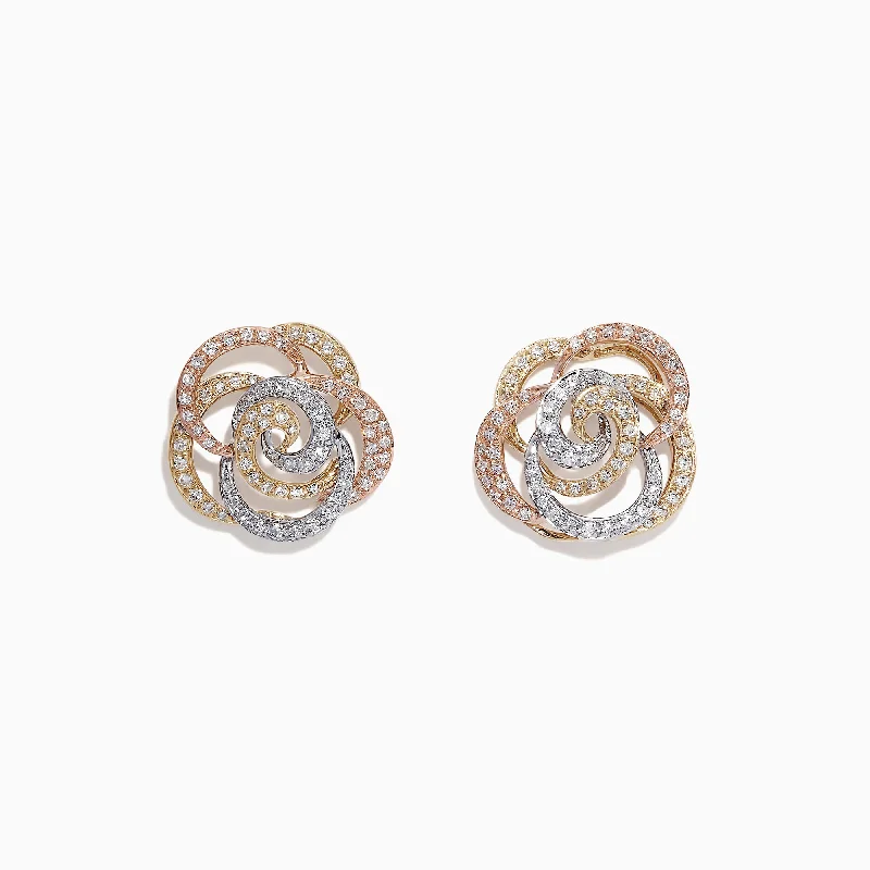 Jute braid earrings-Trio 14K Tri Tone Gold Diamond Flower Earrings, 0.61 TCW