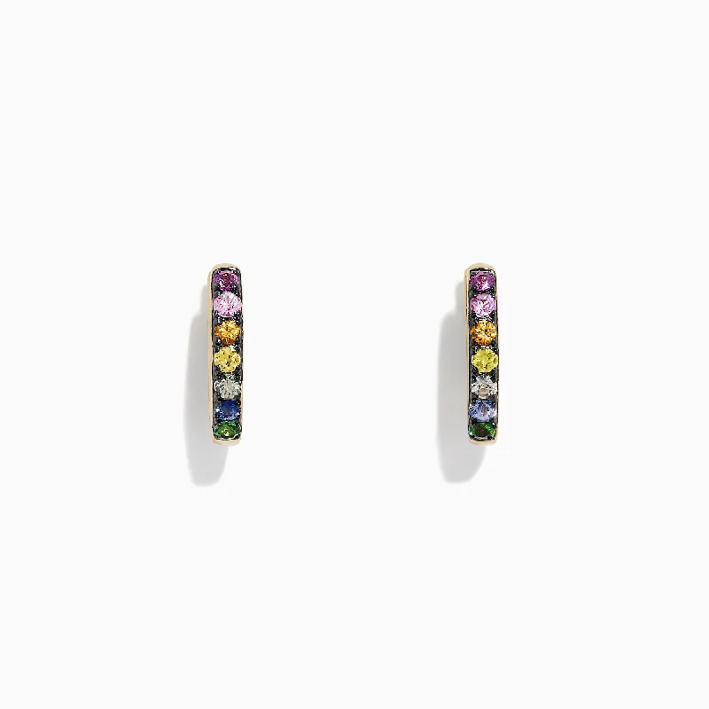 Cedar nut earrings-Watercolors 14K Gold Multi Sapphire Mini Hoop Earrings, 0.66 TCW