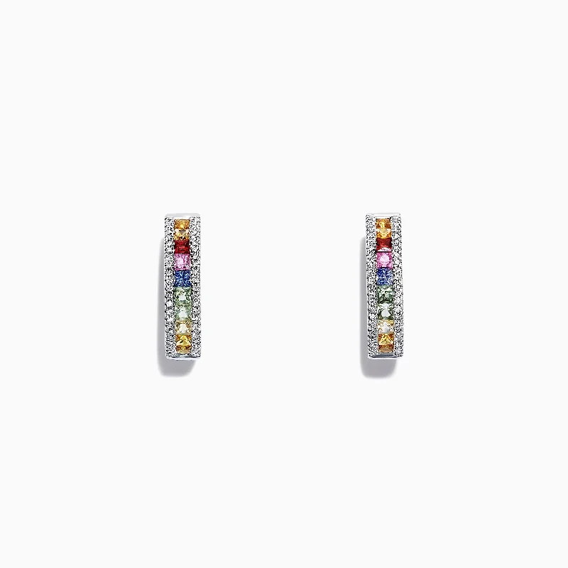 Pleated design earrings-Watercolors 14K White Gold Multi Sapphire & Diamond Hoop Earrings