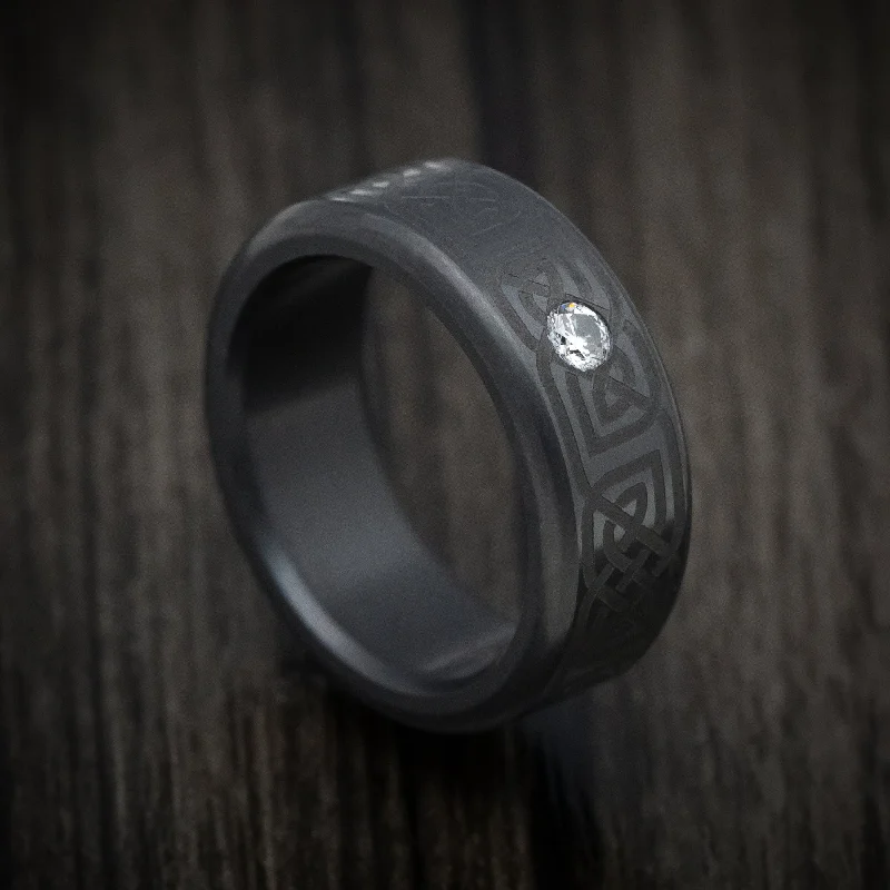 Phantom set ring-Elysium Black Diamond Rounded Polish Finish Men's Ring with Celtic Pattern and a Brilliant Diamond