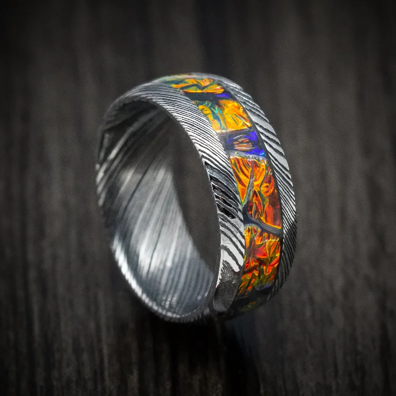 Zinc finish ring-Kuro Damascus Steel and Dichrolam Inlay Men's Ring Custom Made Band