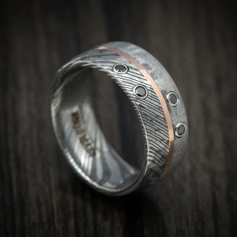 Porcelain band ring-Kuro Damascus Steel Meteorite Men's Ring with Gold and Black Diamonds Custom Made Band